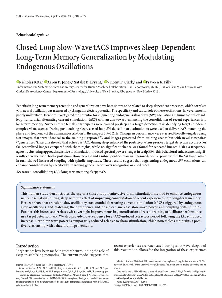 First page of Closed Loop Slow Wave tACS Improves Sleep Dependent Long Term Memory Generalization